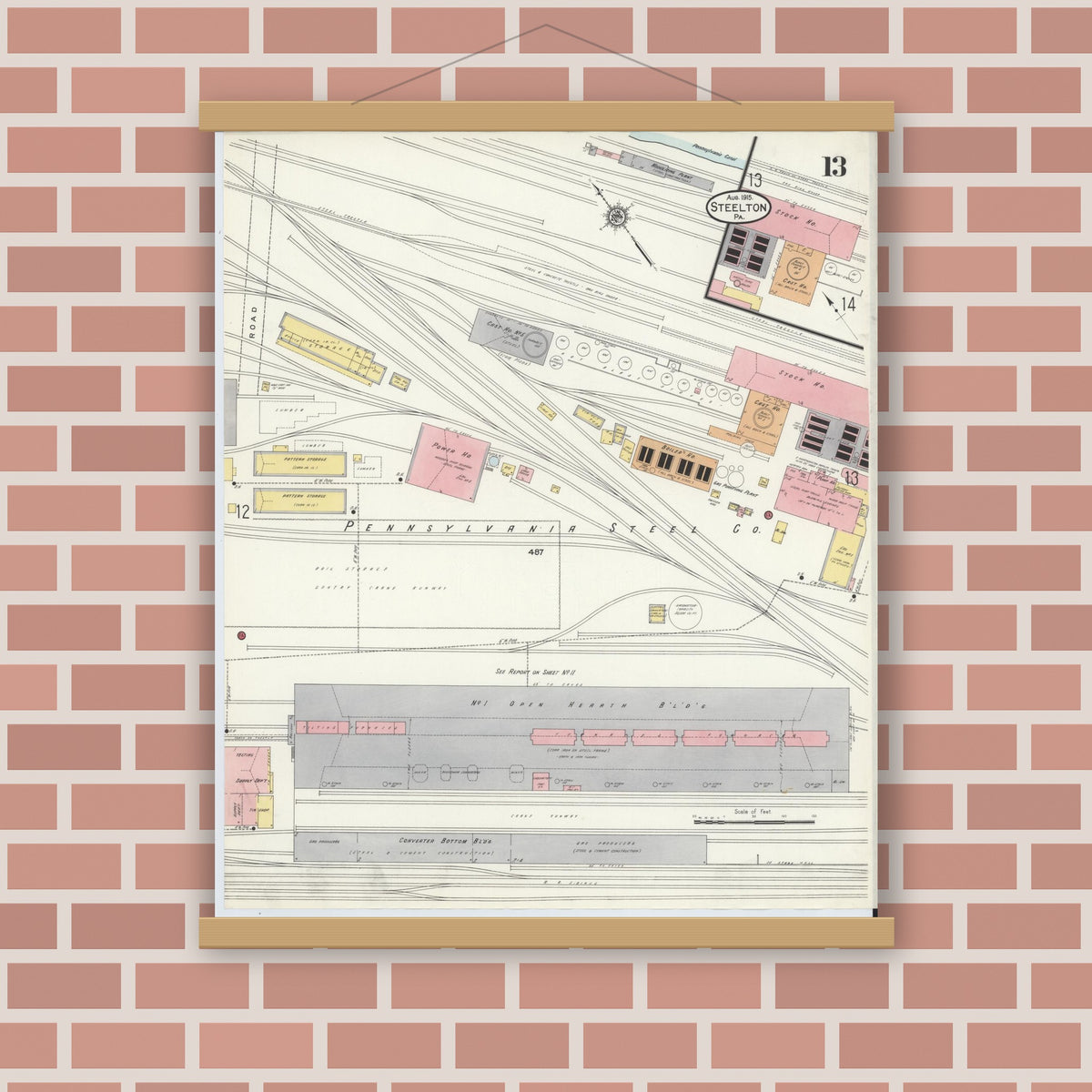Old map wall art mockup — magnetic wood frame on brick wall — Sanborn Fire Insurance Map from Steelton, Dauphin County, Pennsylvania (1915), Sheet #0013