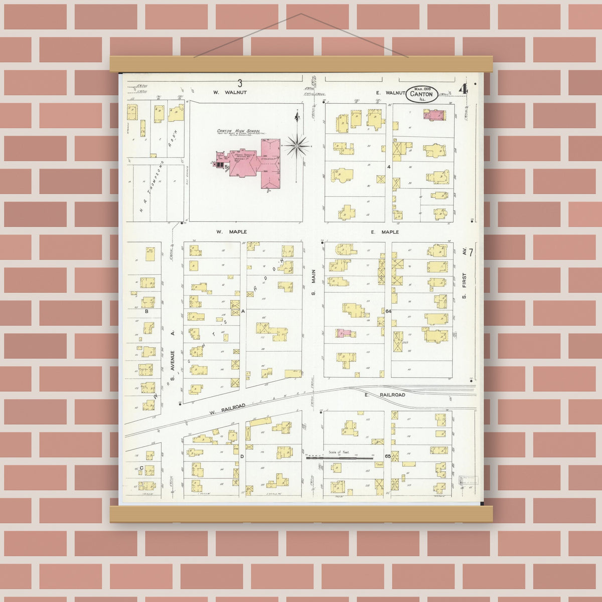 Old map wall art mockup — magnetic wood frame on brick wall — Sanborn Fire Insurance Map from Canton, Fulton County, Illinois (1909), Sheet #0004