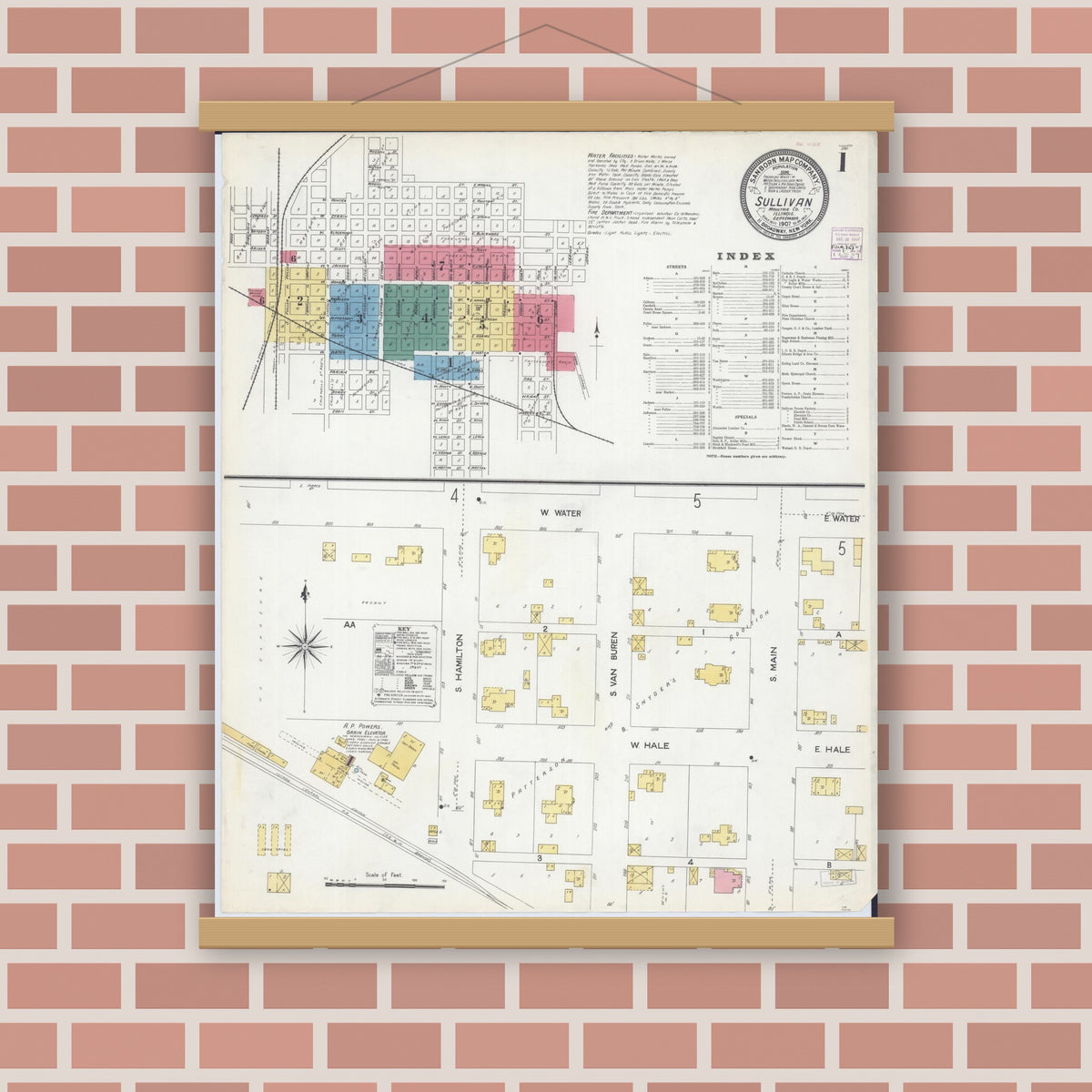 Old map wall art mockup — magnetic wood frame on brick wall — Sanborn Fire Insurance Map from Sullivan, Moultrie County, Illinois (1907) - Complete Map Set