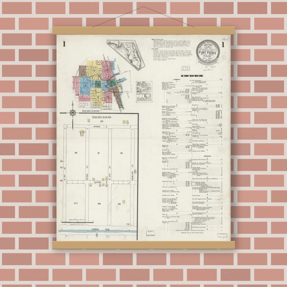 Old map wall art mockup — magnetic wood frame on brick wall — Sanborn Fire Insurance Map from Fort Pierce, St Lucie County, Florida (1924) - Complete Map Set