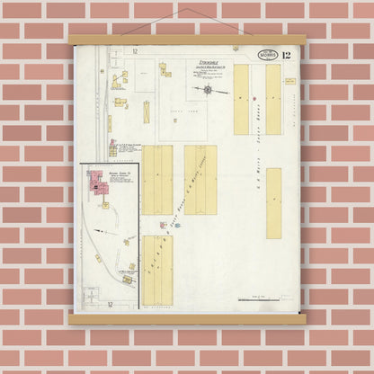 Old map wall art mockup — magnetic wood frame on brick wall — Sanborn Fire Insurance Map from Morris, Grundy County, Illinois (1916), Sheet #0012