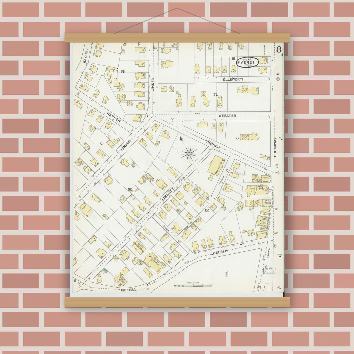Old map wall art mockup — magnetic wood frame on brick wall — Sanborn Fire Insurance Map from Everett, Middlesex County, Massachusetts (1892), Sheet #0008