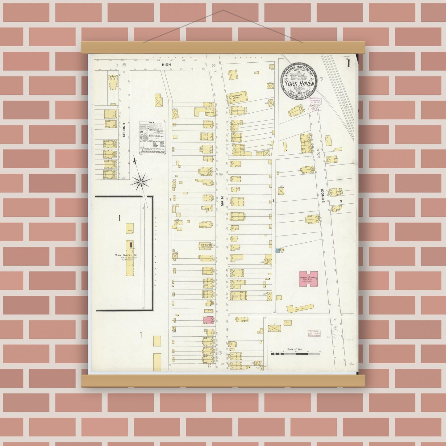 Old map wall art mockup — magnetic wood frame on brick wall — Sanborn Fire Insurance Map from York Haven, York County, Pennsylvania (1908), Sheet #0001