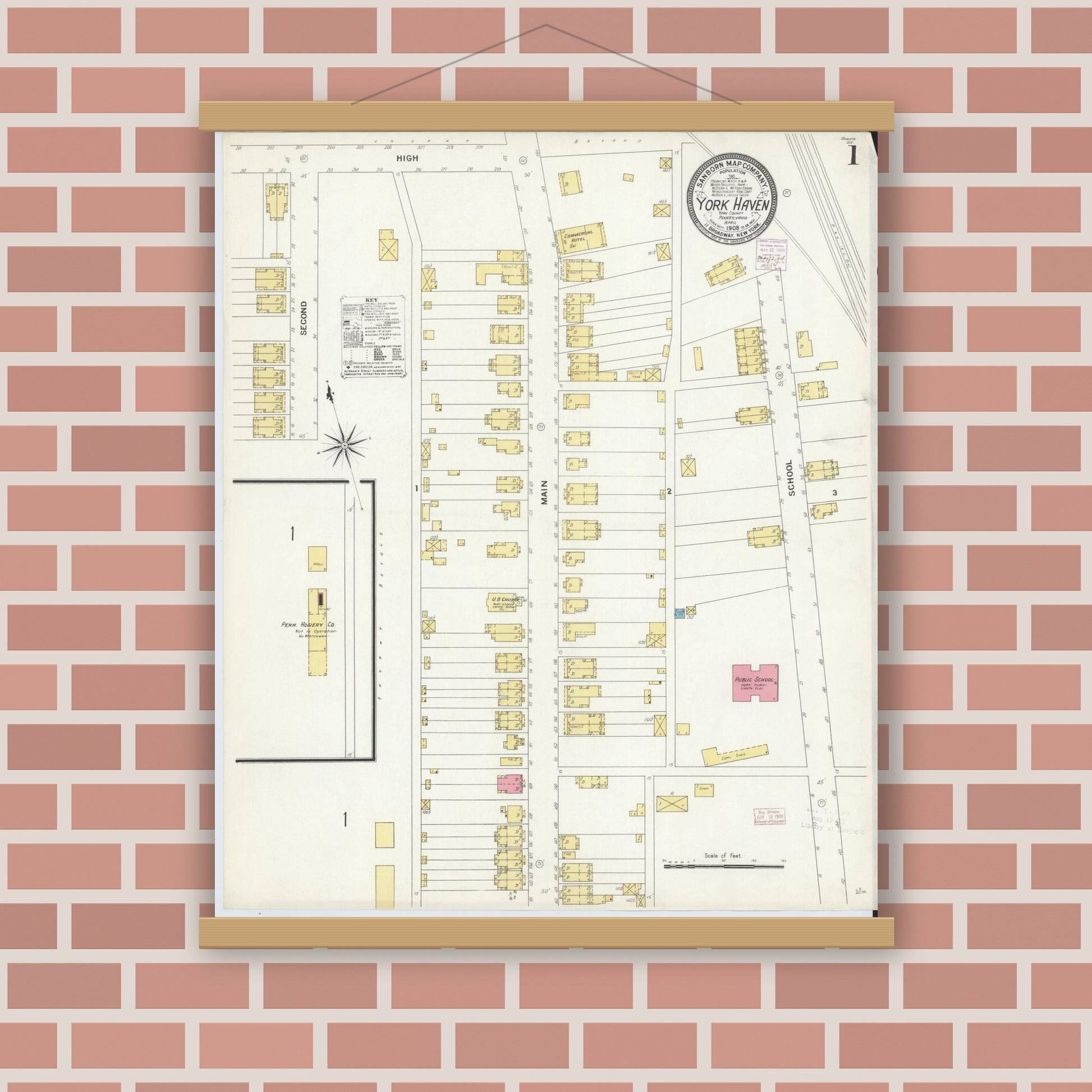 Old map wall art mockup — magnetic wood frame on brick wall — Sanborn Fire Insurance Map from York Haven, York County, Pennsylvania (1908), Sheet #0001