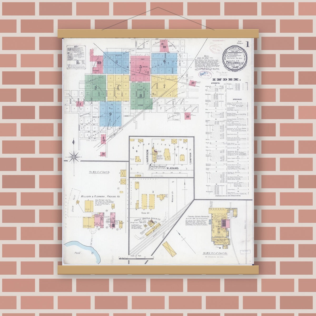 Old map wall art mockup — magnetic wood frame on brick wall — Sanborn Fire Insurance Map from Taylorville, Christian County, Illinois (1899) - Complete Map Set