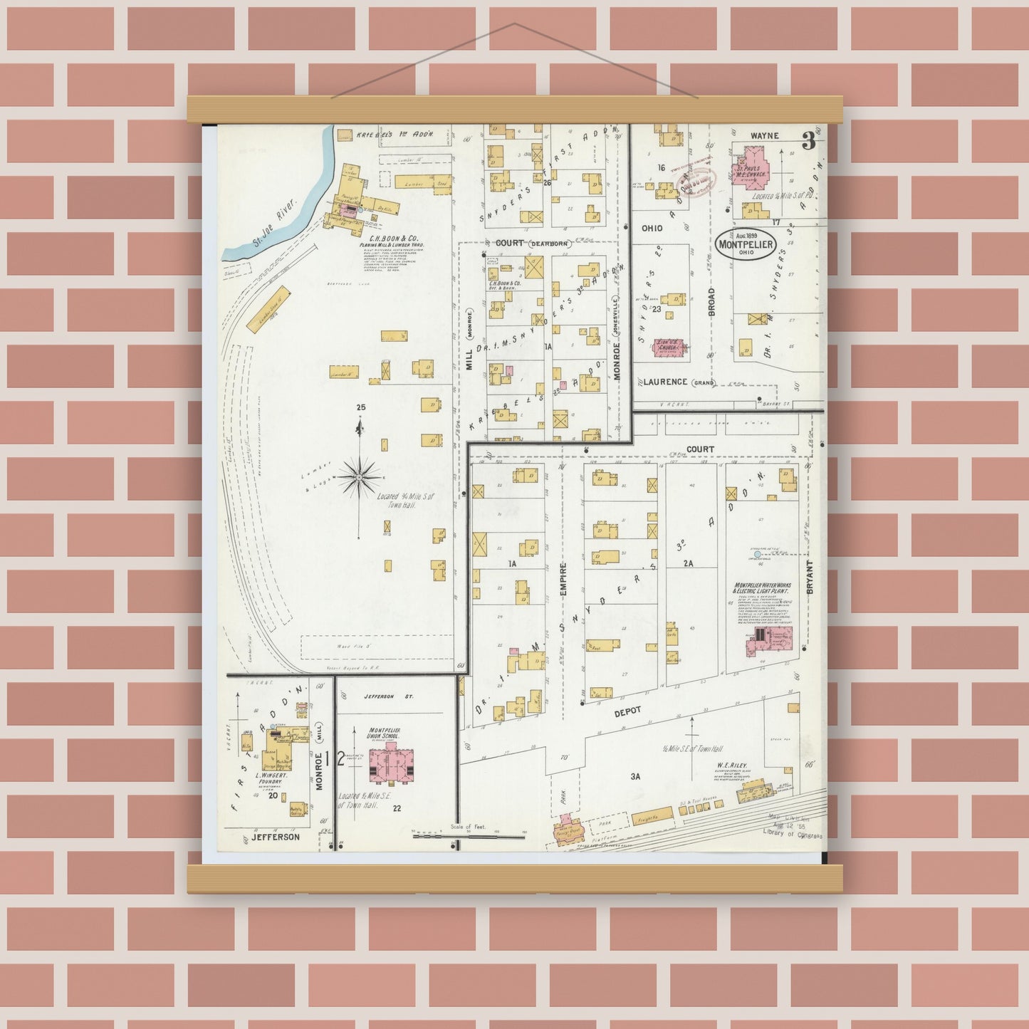 Old map wall art mockup — magnetic wood frame on brick wall — Sanborn Fire Insurance Map from Montpelier, Williams County, Ohio (1899), Sheet #0003