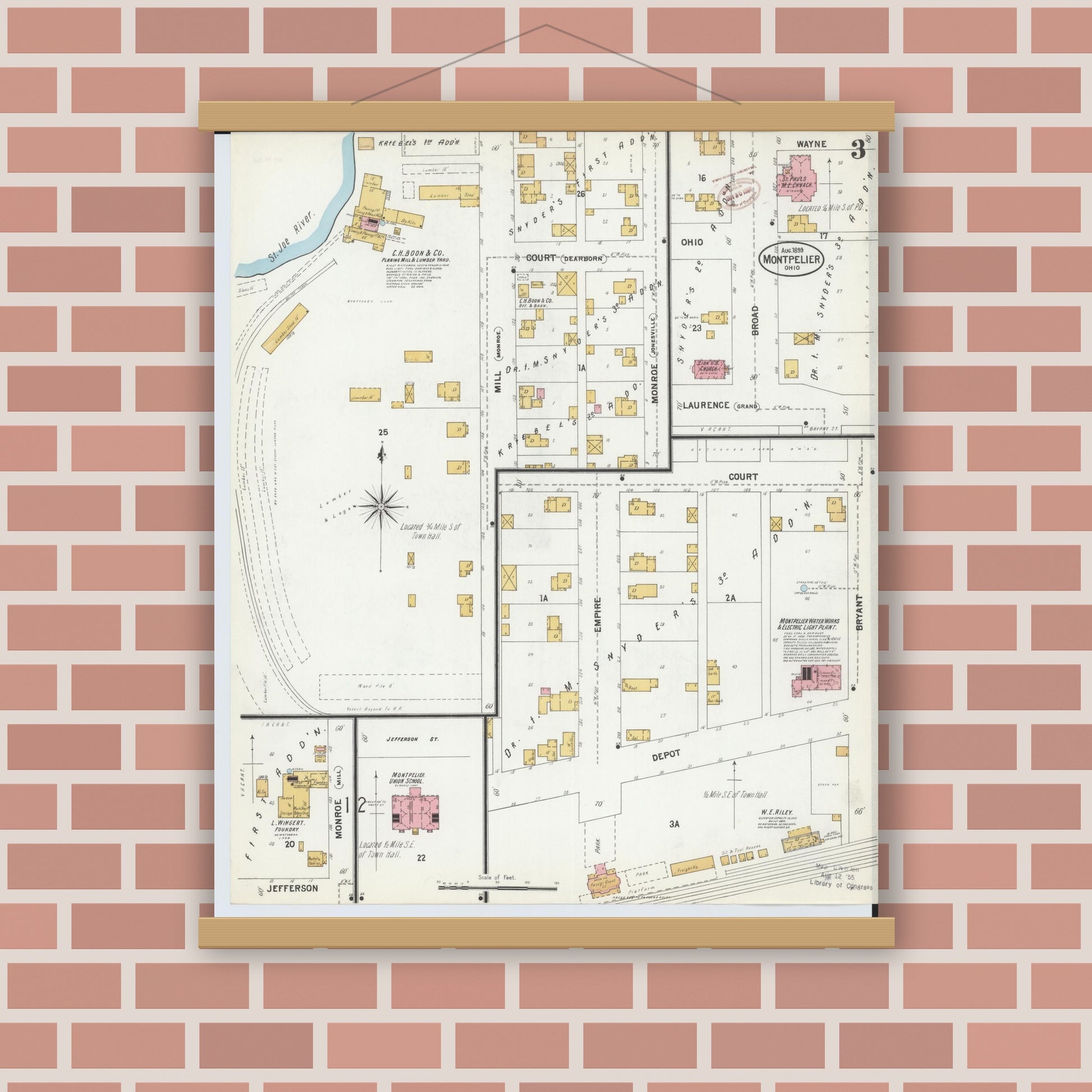 Old map wall art mockup — magnetic wood frame on brick wall — Sanborn Fire Insurance Map from Montpelier, Williams County, Ohio (1899), Sheet #0003