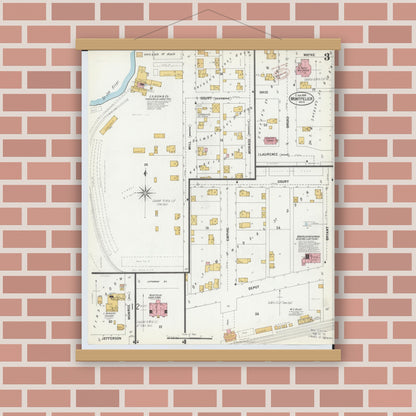 Old map wall art mockup — magnetic wood frame on brick wall — Sanborn Fire Insurance Map from Montpelier, Williams County, Ohio (1899), Sheet #0003