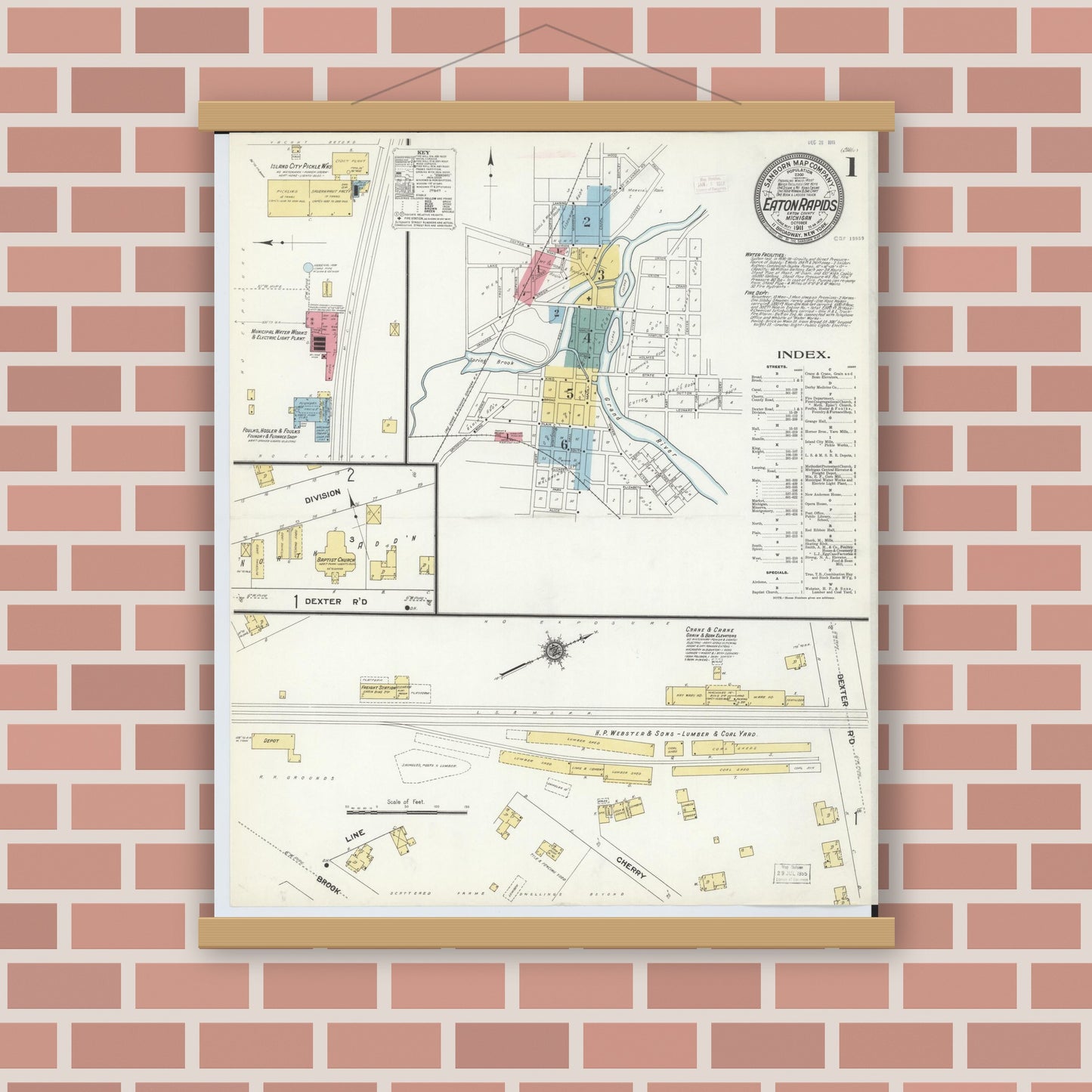Old map wall art mockup — magnetic wood frame on brick wall — Sanborn Fire Insurance Map from Eaton Rapids, Eaton County, Michigan (1911), Sheet #0001