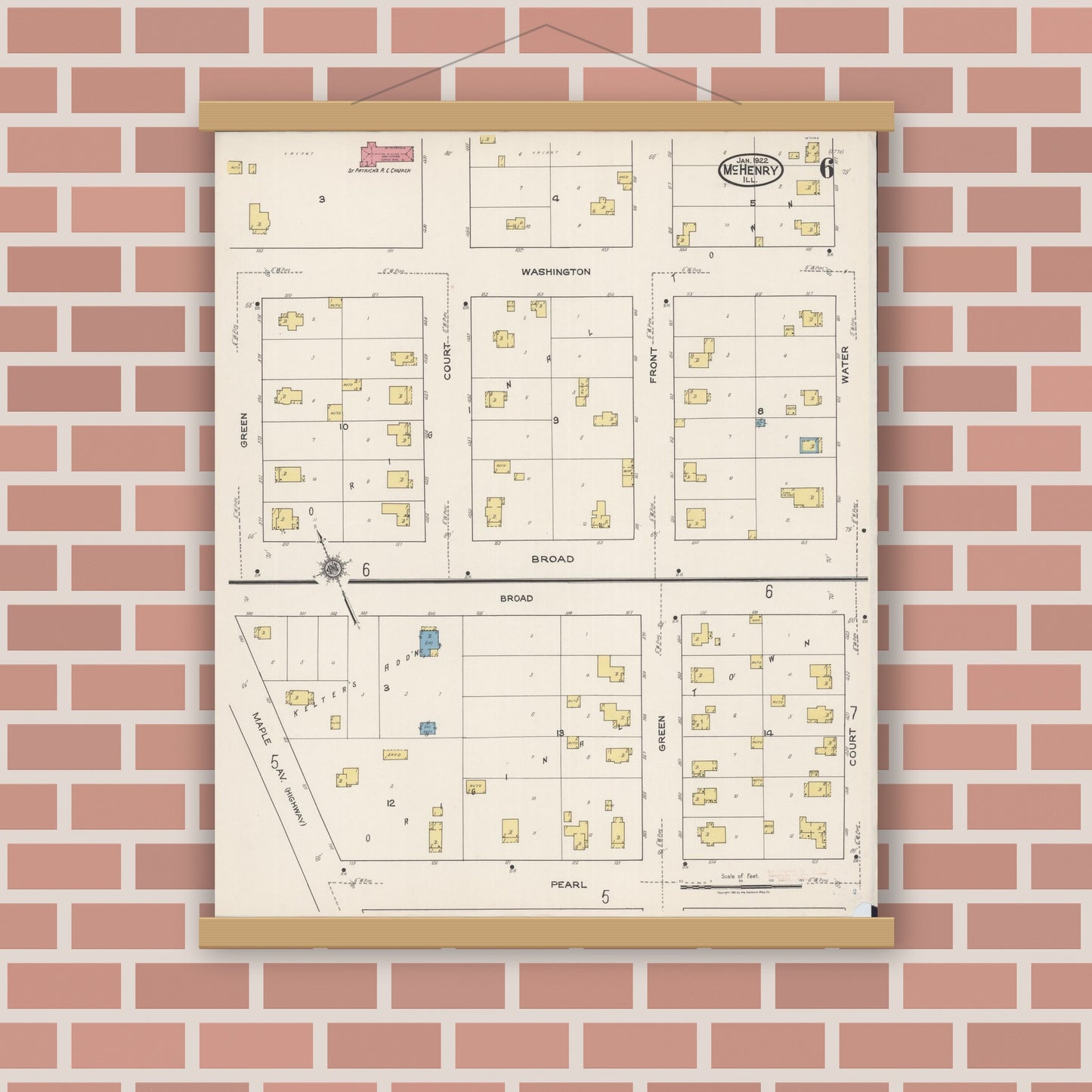 Old map wall art mockup — magnetic wood frame on brick wall — Sanborn Fire Insurance Map from McHenry, McHenry County, Illinois (1922), Sheet #0006