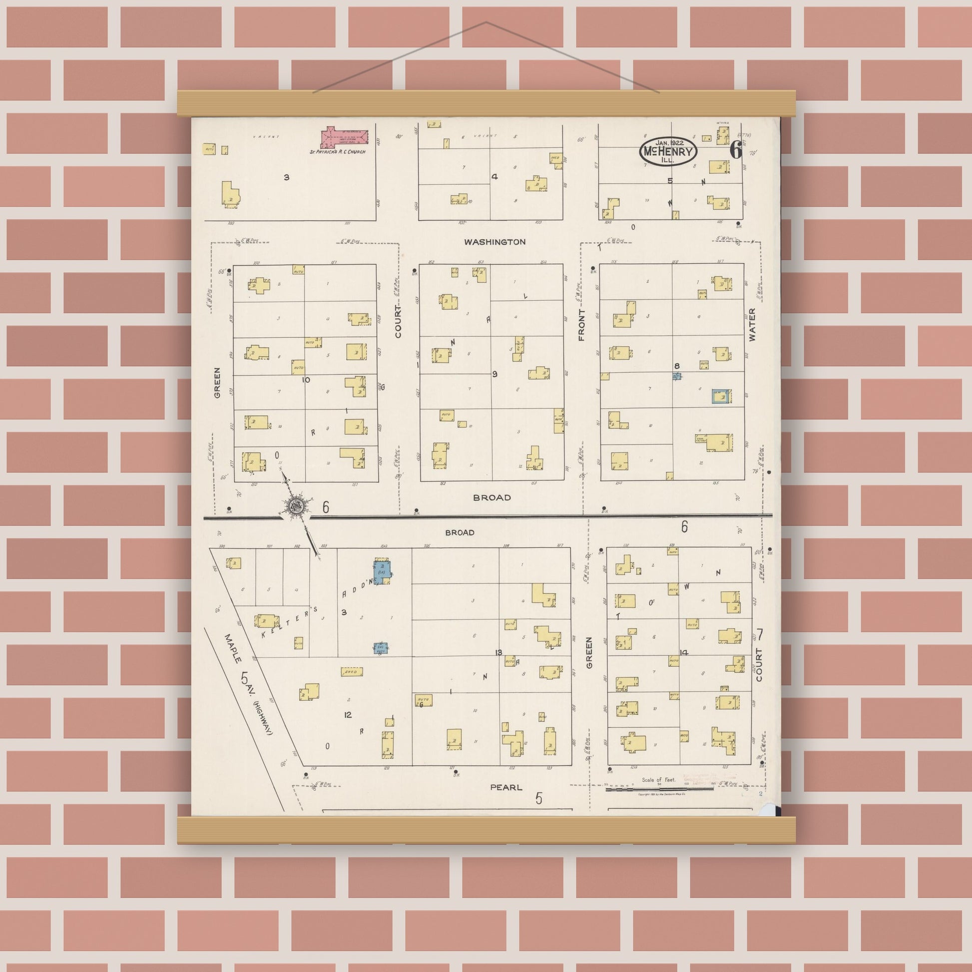 Old map wall art mockup — magnetic wood frame on brick wall — Sanborn Fire Insurance Map from McHenry, McHenry County, Illinois (1922), Sheet #0006