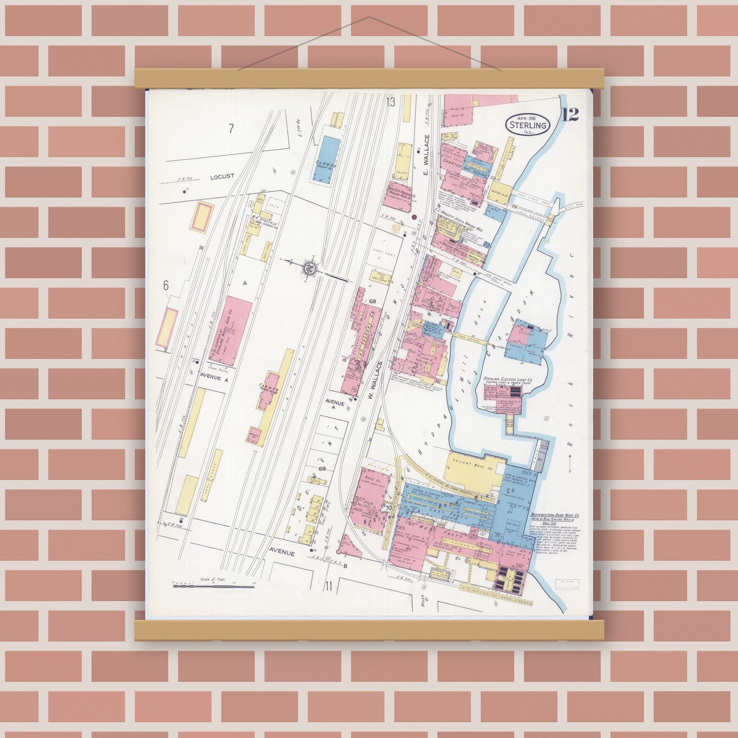 Old map wall art mockup — magnetic wood frame on brick wall — Sanborn Fire Insurance Map from Sterling, Whiteside County, Illinois (1916), Sheet #0012