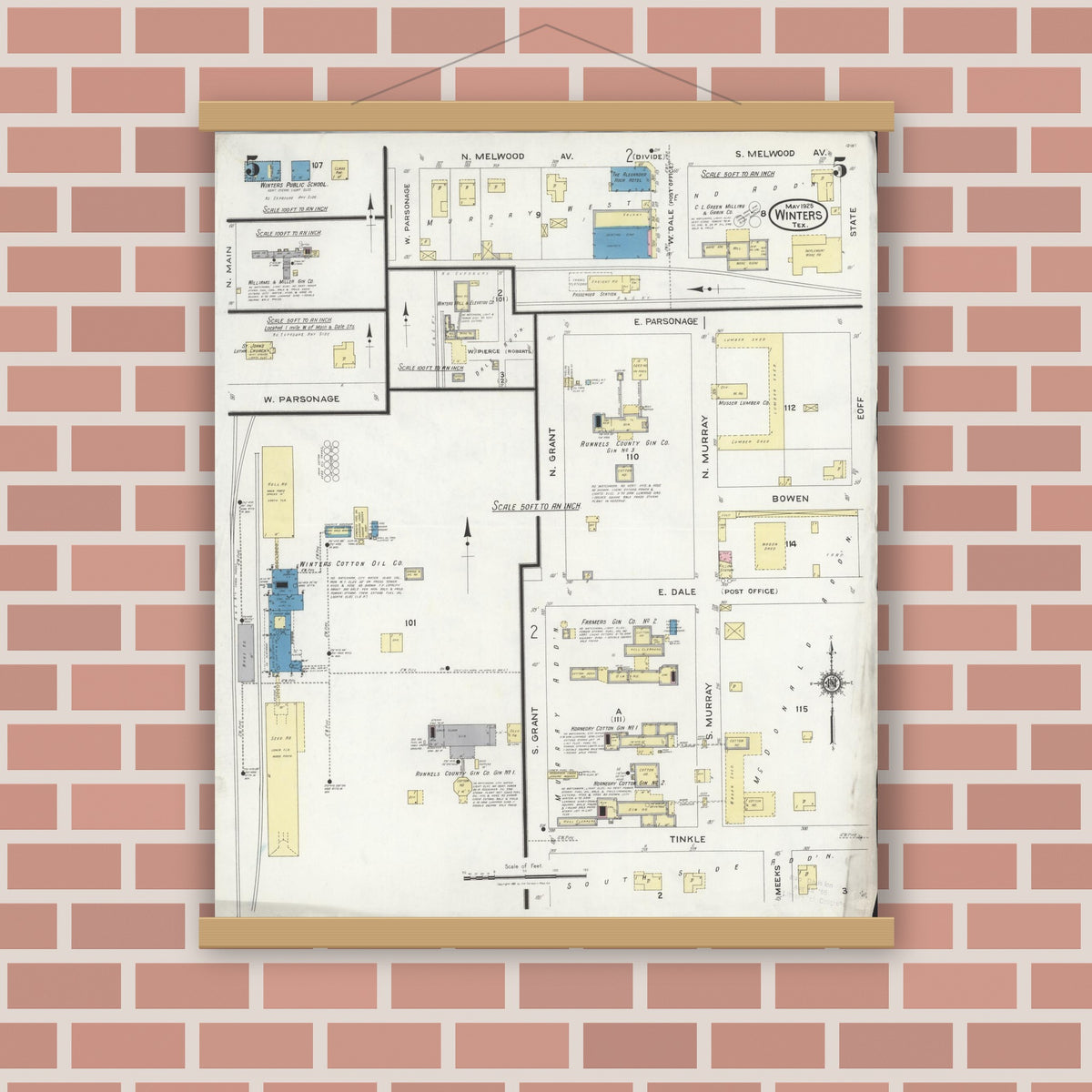 Old map wall art mockup — magnetic wood frame on brick wall — Sanborn Fire Insurance Map from Winters, Runnels County, Texas (1925), Sheet #0005