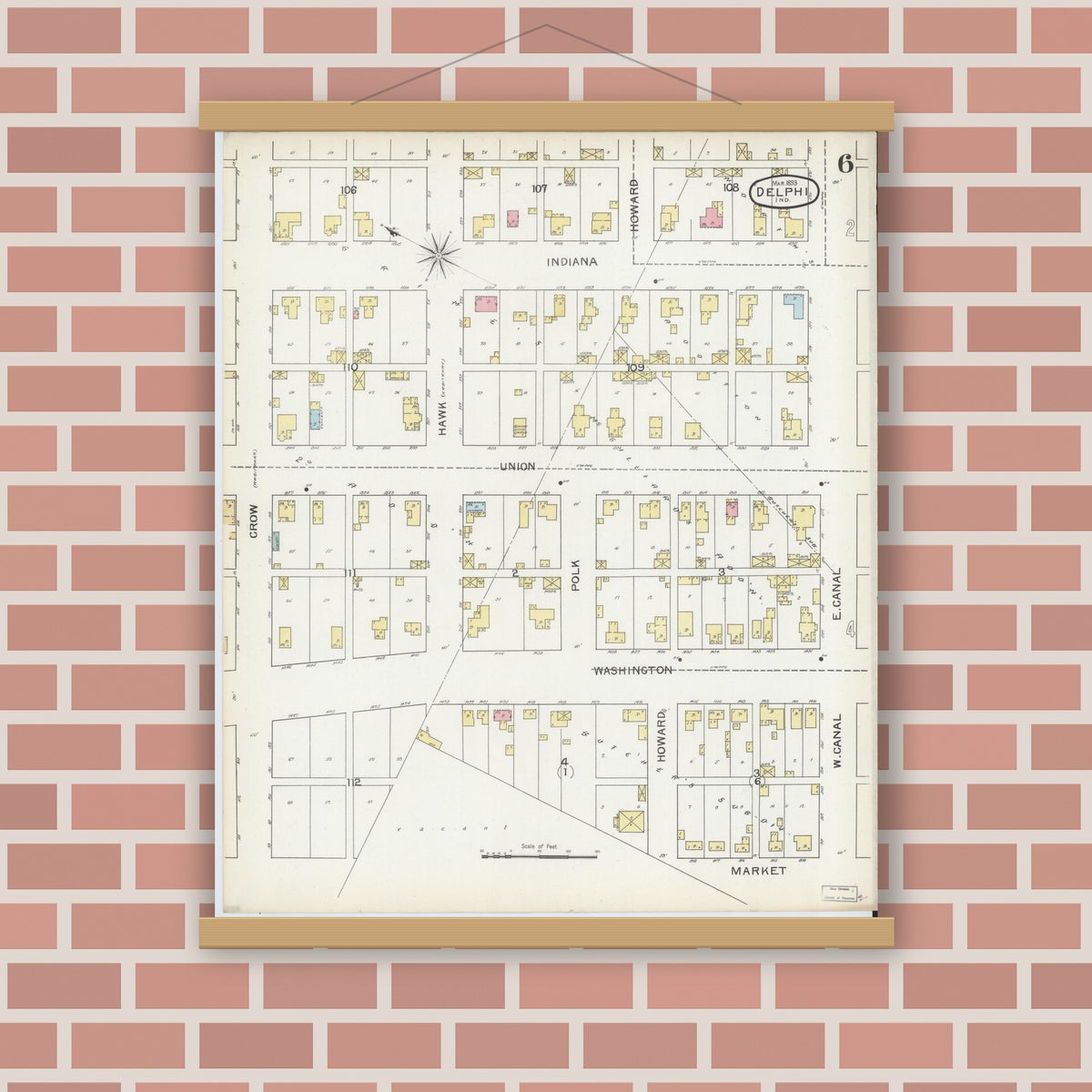 Old map wall art mockup — magnetic wood frame on brick wall — Sanborn Fire Insurance Map from Delphi, Carroll County, Indiana (1893), Sheet #0006