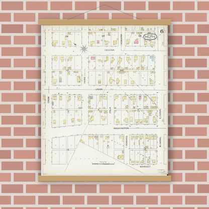 Old map wall art mockup — magnetic wood frame on brick wall — Sanborn Fire Insurance Map from Delphi, Carroll County, Indiana (1893), Sheet #0006