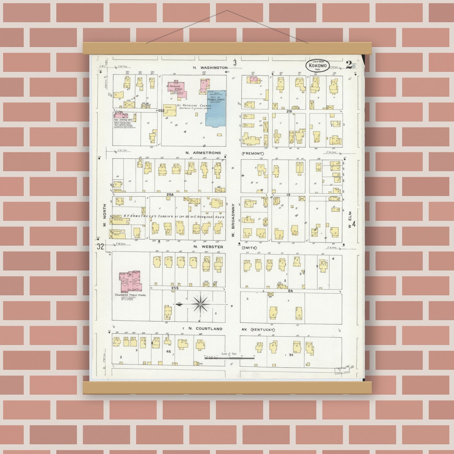 Old map wall art mockup — magnetic wood frame on brick wall — Sanborn Fire Insurance Map from Kokomo, Howard County, Indiana (1909), Sheet #0002