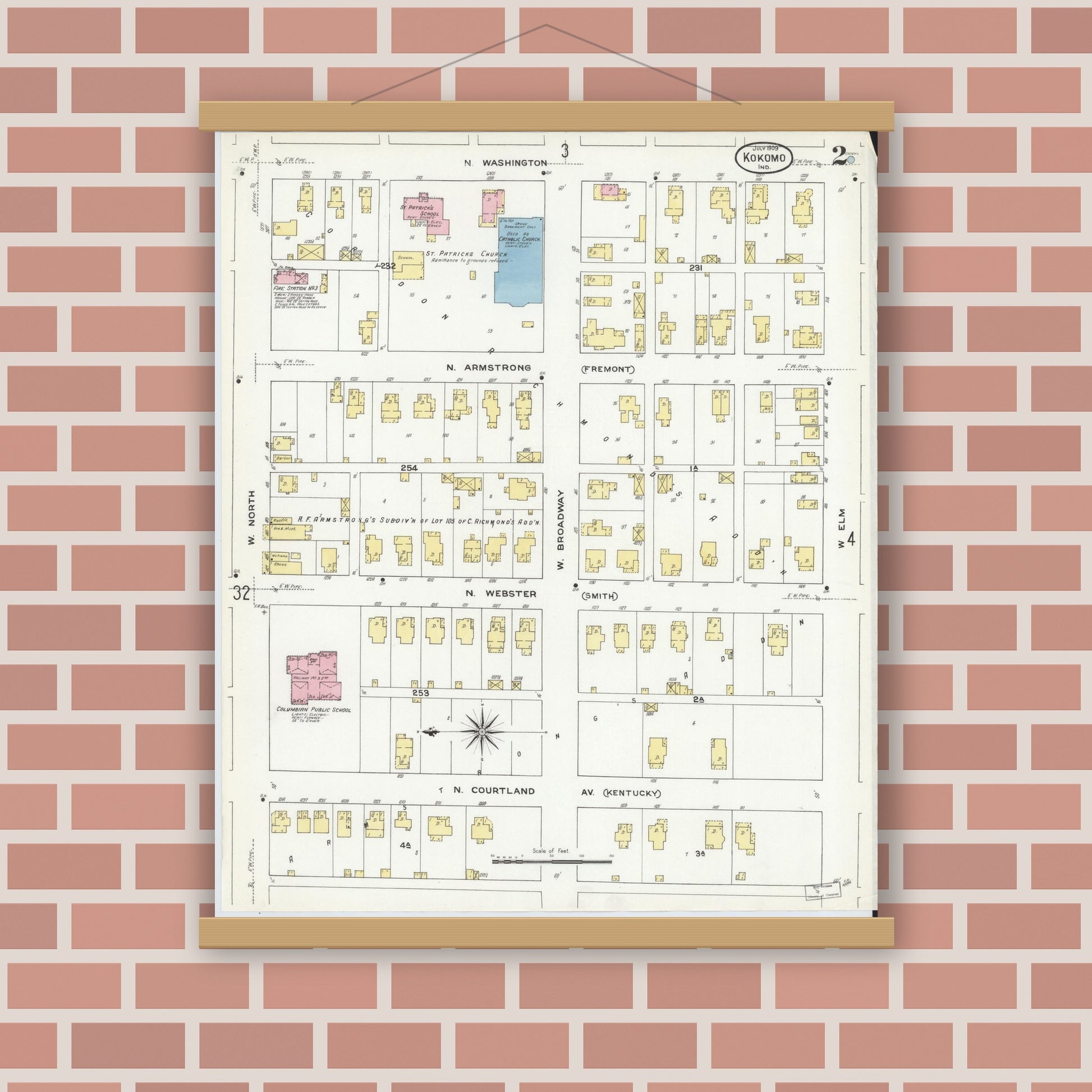 Old map wall art mockup — magnetic wood frame on brick wall — Sanborn Fire Insurance Map from Kokomo, Howard County, Indiana (1909), Sheet #0002