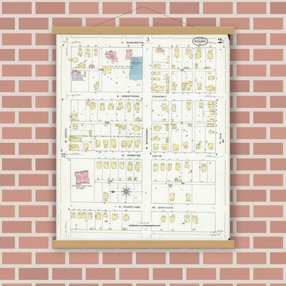 Old map wall art mockup — magnetic wood frame on brick wall — Sanborn Fire Insurance Map from Kokomo, Howard County, Indiana (1909), Sheet #0002