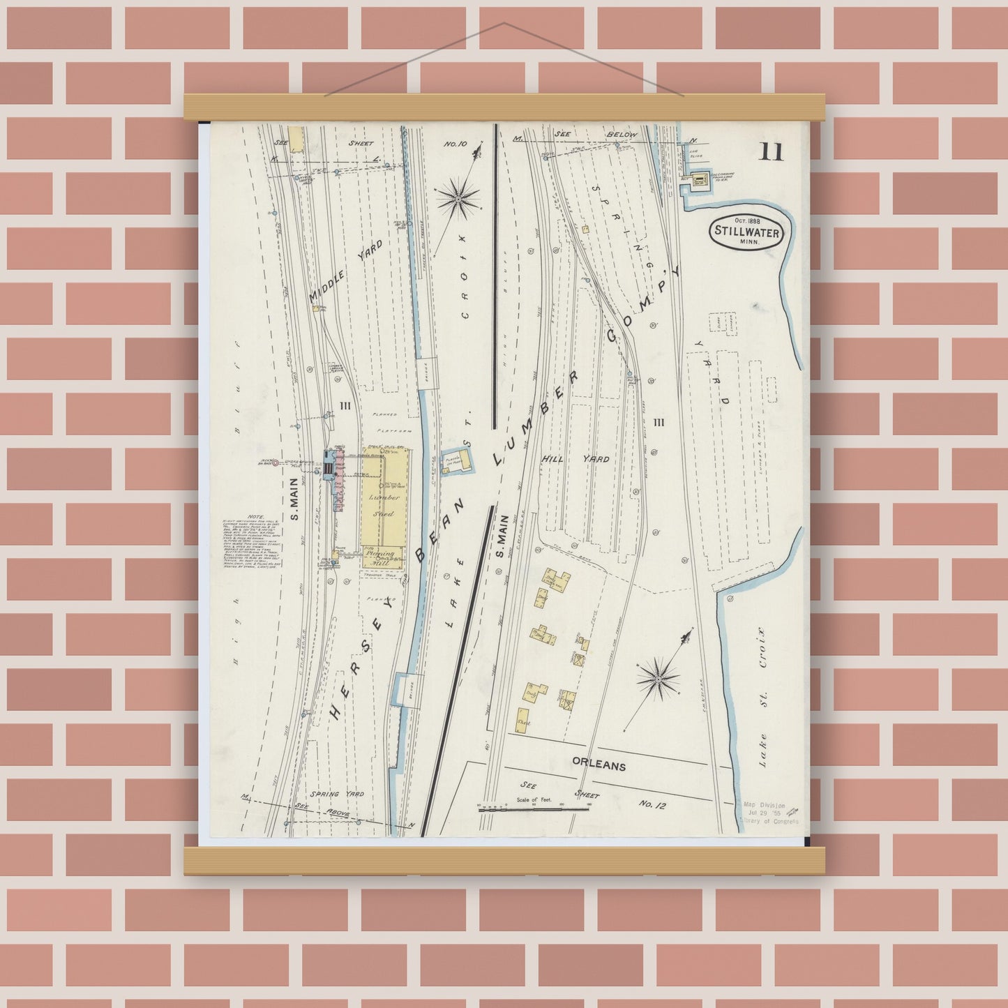 Old map wall art mockup — magnetic wood frame on brick wall — Sanborn Fire Insurance Map from Stillwater, Washington County, Minnesota (1888), Sheet #0011
