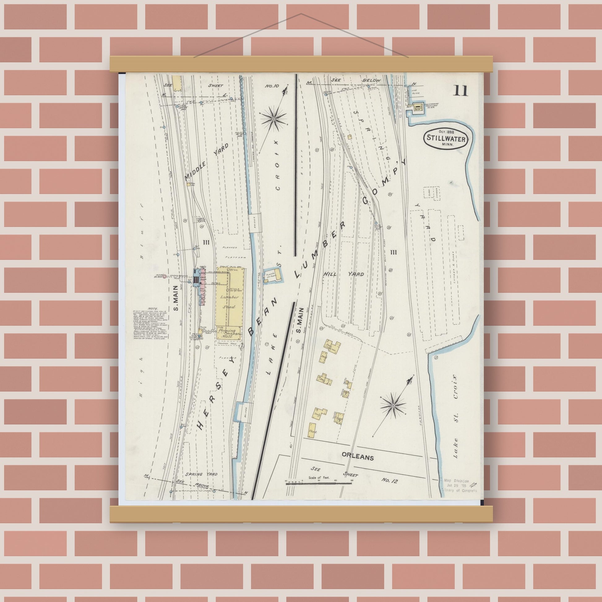 Old map wall art mockup — magnetic wood frame on brick wall — Sanborn Fire Insurance Map from Stillwater, Washington County, Minnesota (1888), Sheet #0011