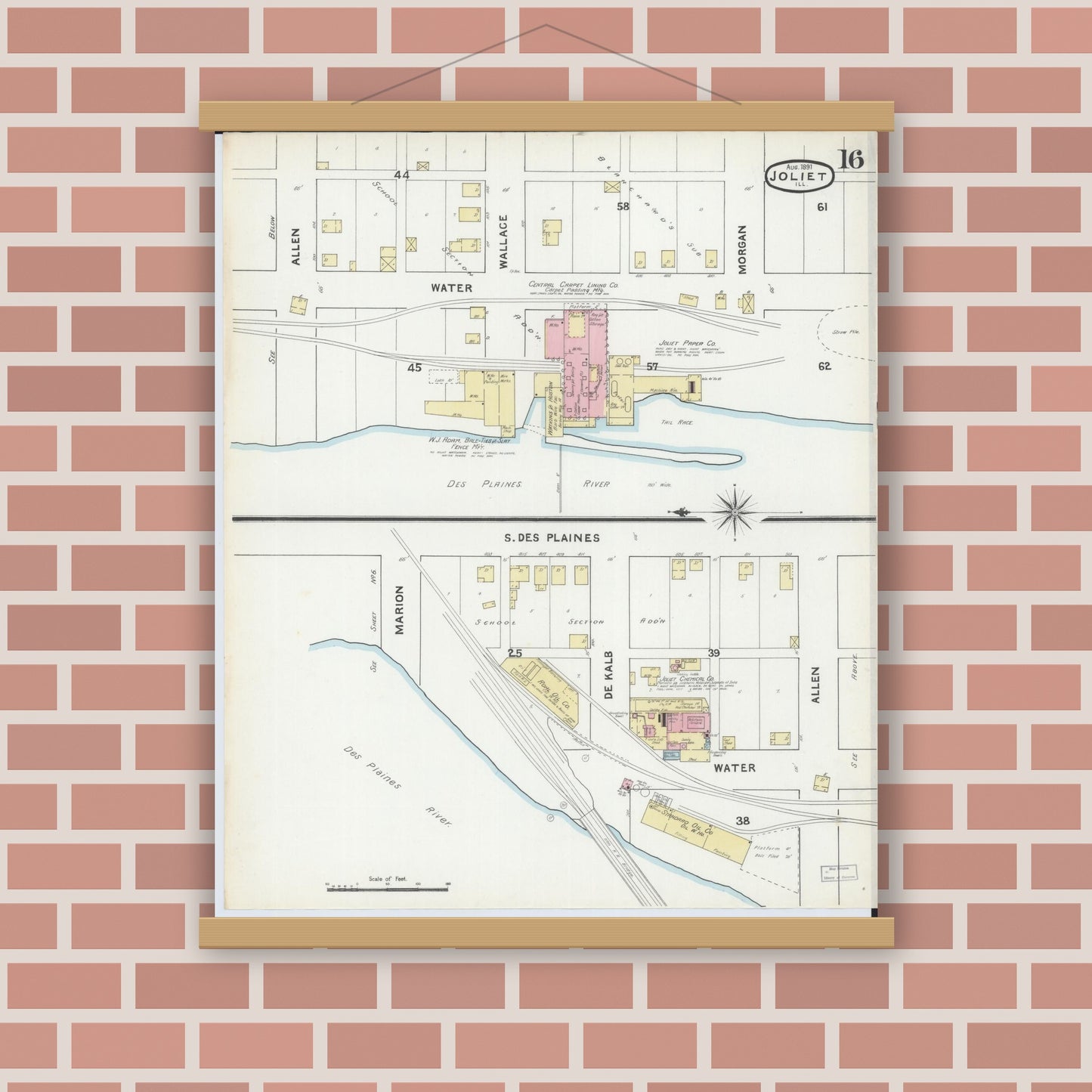Old map wall art mockup — magnetic wood frame on brick wall — Sanborn Fire Insurance Map from Joliet, Will County, Illinois (1891), Sheet #0016