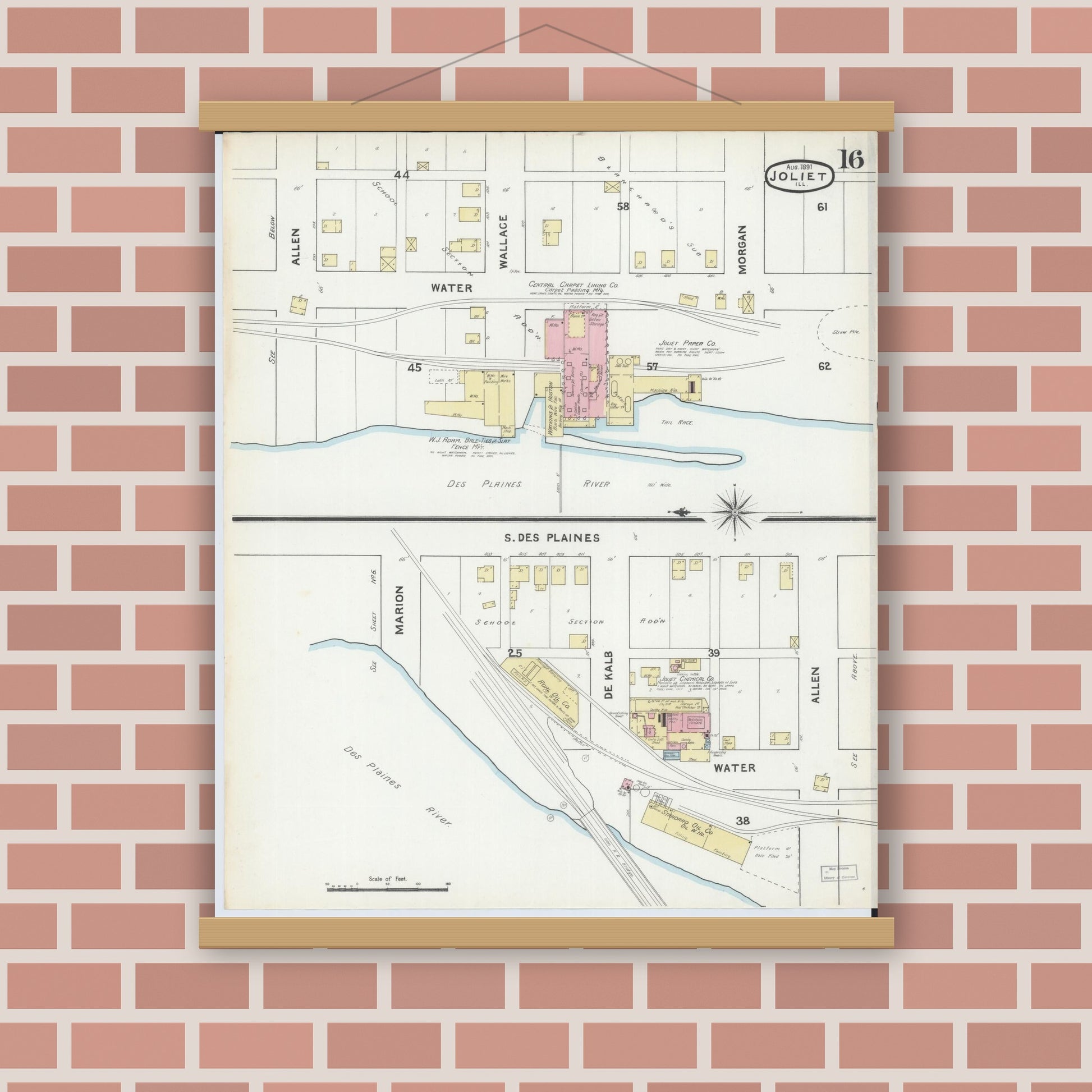 Old map wall art mockup — magnetic wood frame on brick wall — Sanborn Fire Insurance Map from Joliet, Will County, Illinois (1891), Sheet #0016