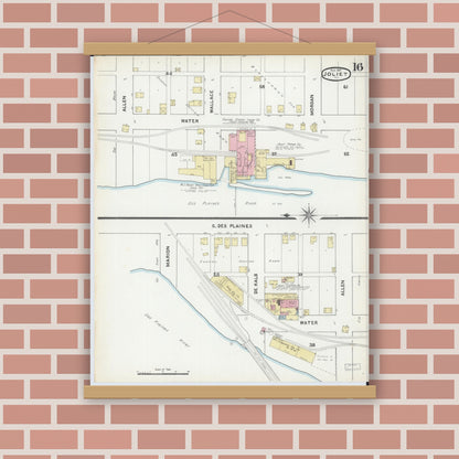 Old map wall art mockup — magnetic wood frame on brick wall — Sanborn Fire Insurance Map from Joliet, Will County, Illinois (1891), Sheet #0016