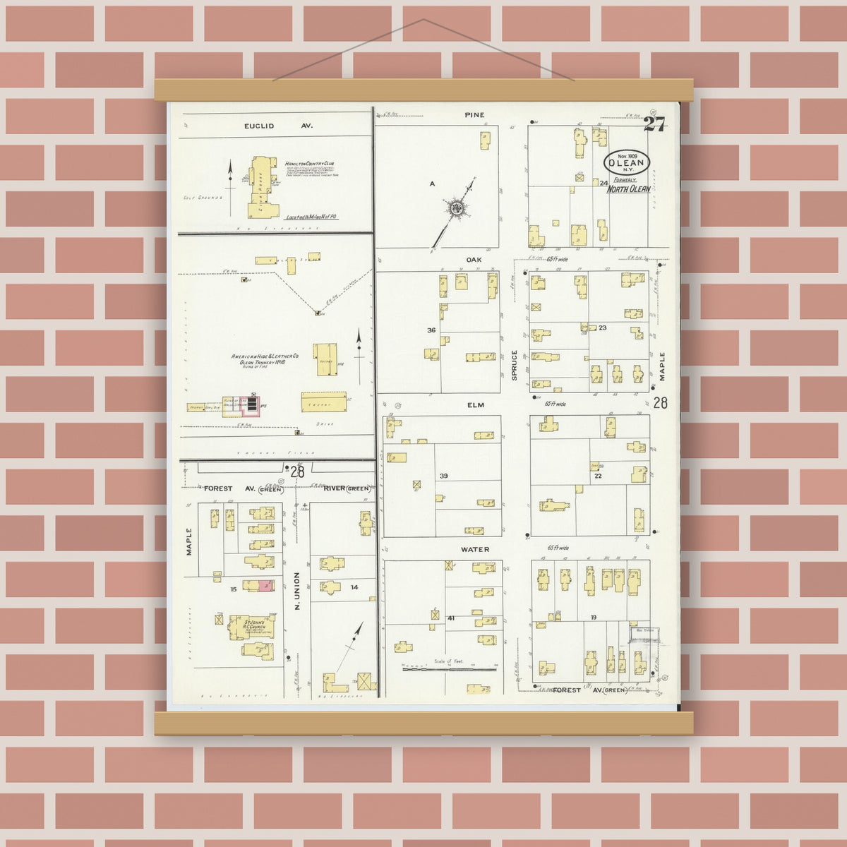 Old map wall art mockup — magnetic wood frame on brick wall — Sanborn Fire Insurance Map from Olean, Cattaraugus County, New York (1909), Sheet #0027