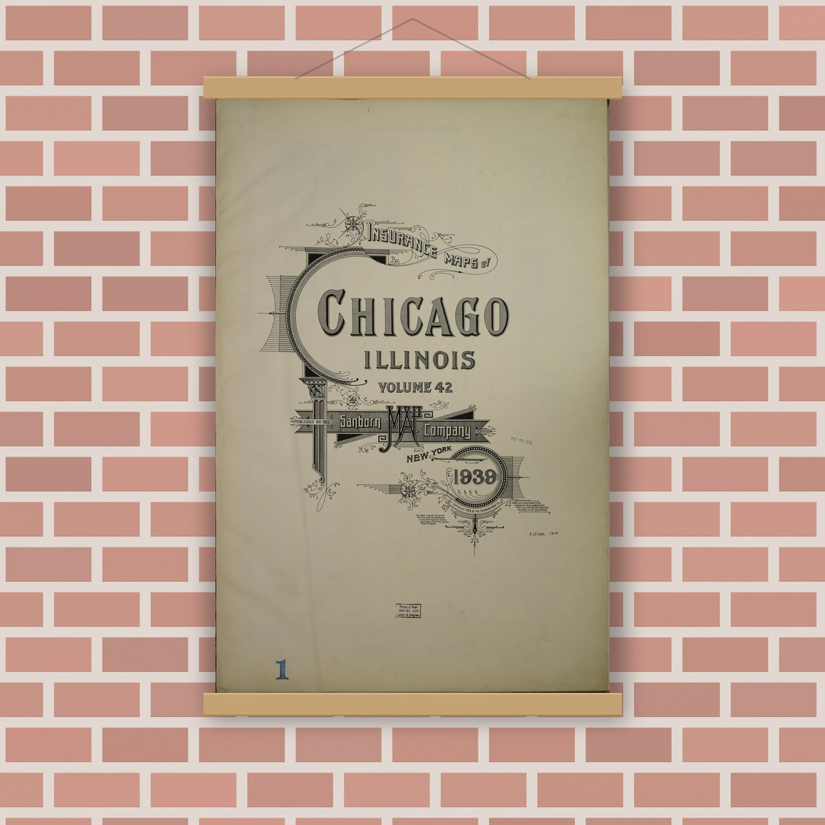 Old map wall art mockup — magnetic wood frame on brick wall — Sanborn Fire Insurance Map from Chicago, Cook County, Illinois (1939), Sheet #0001