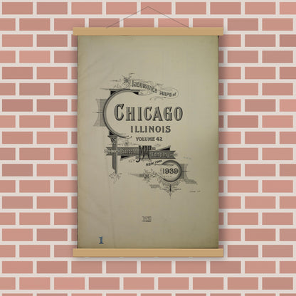 Old map wall art mockup — magnetic wood frame on brick wall — Sanborn Fire Insurance Map from Chicago, Cook County, Illinois (1939), Sheet #0001