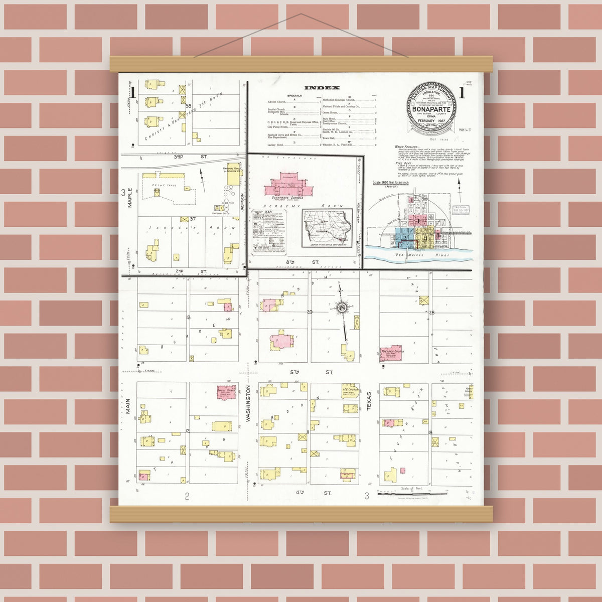Old map wall art mockup — magnetic wood frame on brick wall — Sanborn Fire Insurance Map from Bonaparte, Van Buren County, Iowa (1927), Sheet #0001