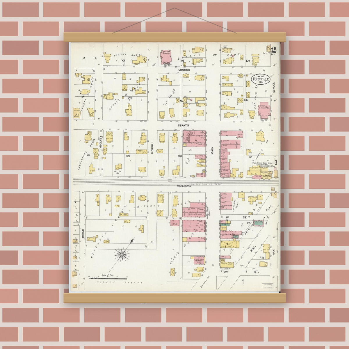 Old map wall art mockup — magnetic wood frame on brick wall — Sanborn Fire Insurance Map from Fortville, Hancock County, Indiana (1903), Sheet #0002