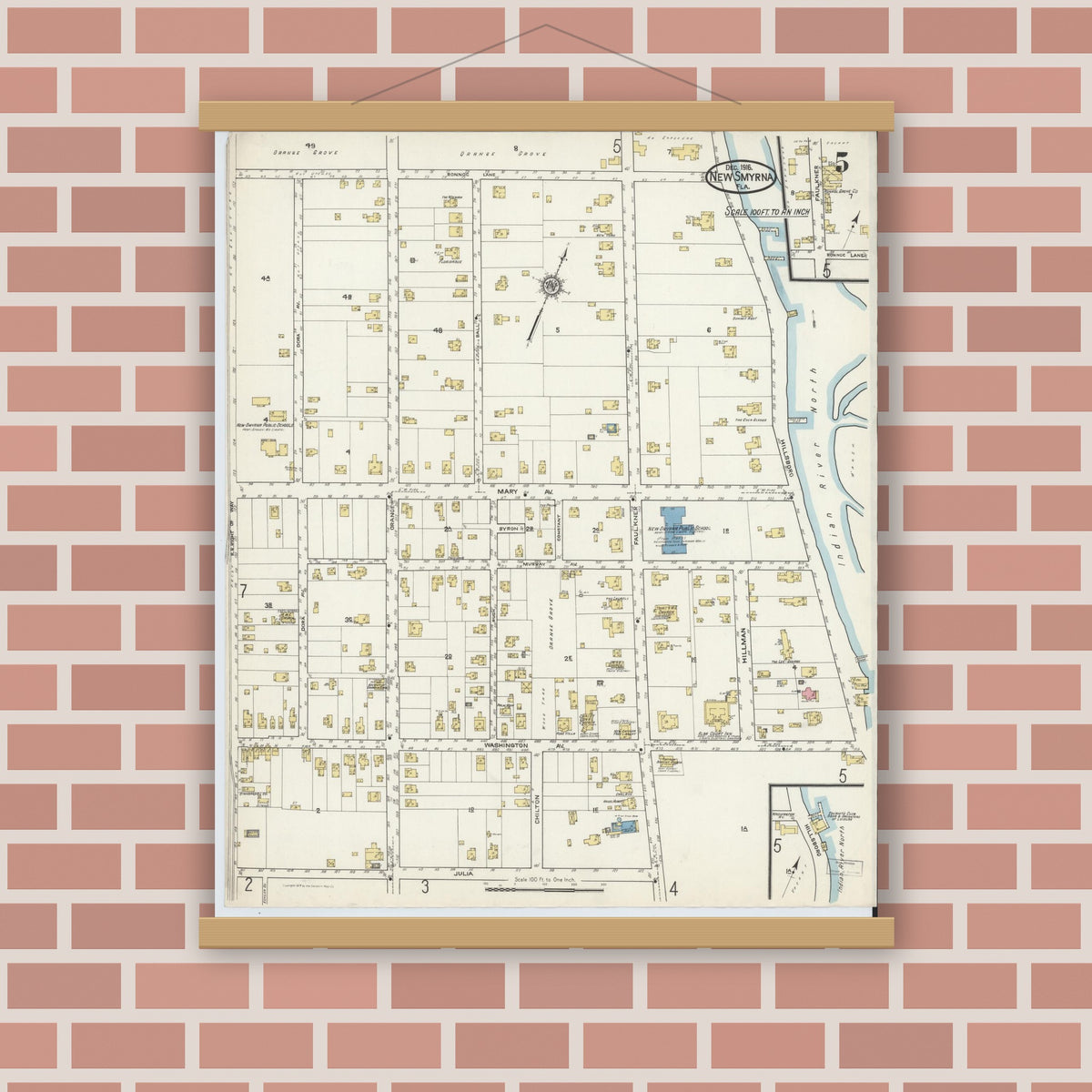 Old map wall art mockup — magnetic wood frame on brick wall — Sanborn Fire Insurance Map from New Smyrna, Valusia County, Florida (1916), Sheet #0005