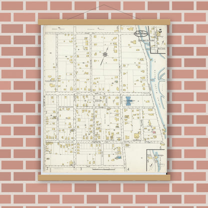 Old map wall art mockup — magnetic wood frame on brick wall — Sanborn Fire Insurance Map from New Smyrna, Valusia County, Florida (1916), Sheet #0005