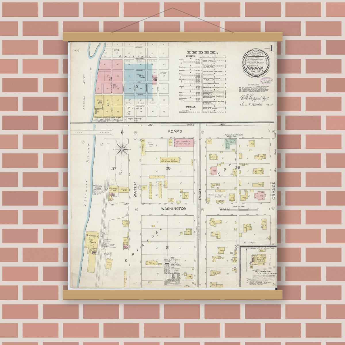Old map wall art mockup — magnetic wood frame on brick wall — Sanborn Fire Insurance Map from Havana, Mason County, Illinois (1887), Sheet #0001