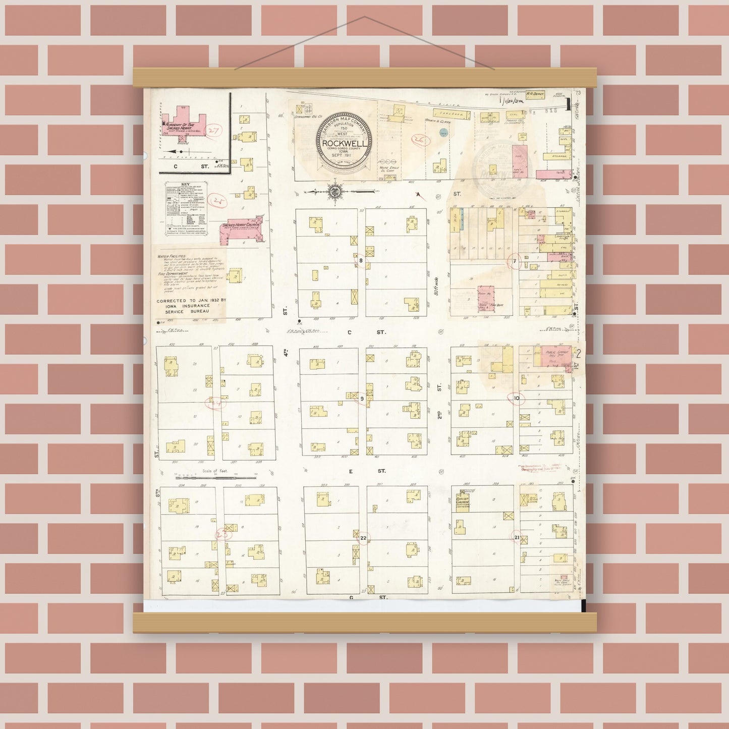 Old map wall art mockup — magnetic wood frame on brick wall — Sanborn Fire Insurance Map from Rockwell, Cerro Gordo County, Iowa (1932), Sheet #0001