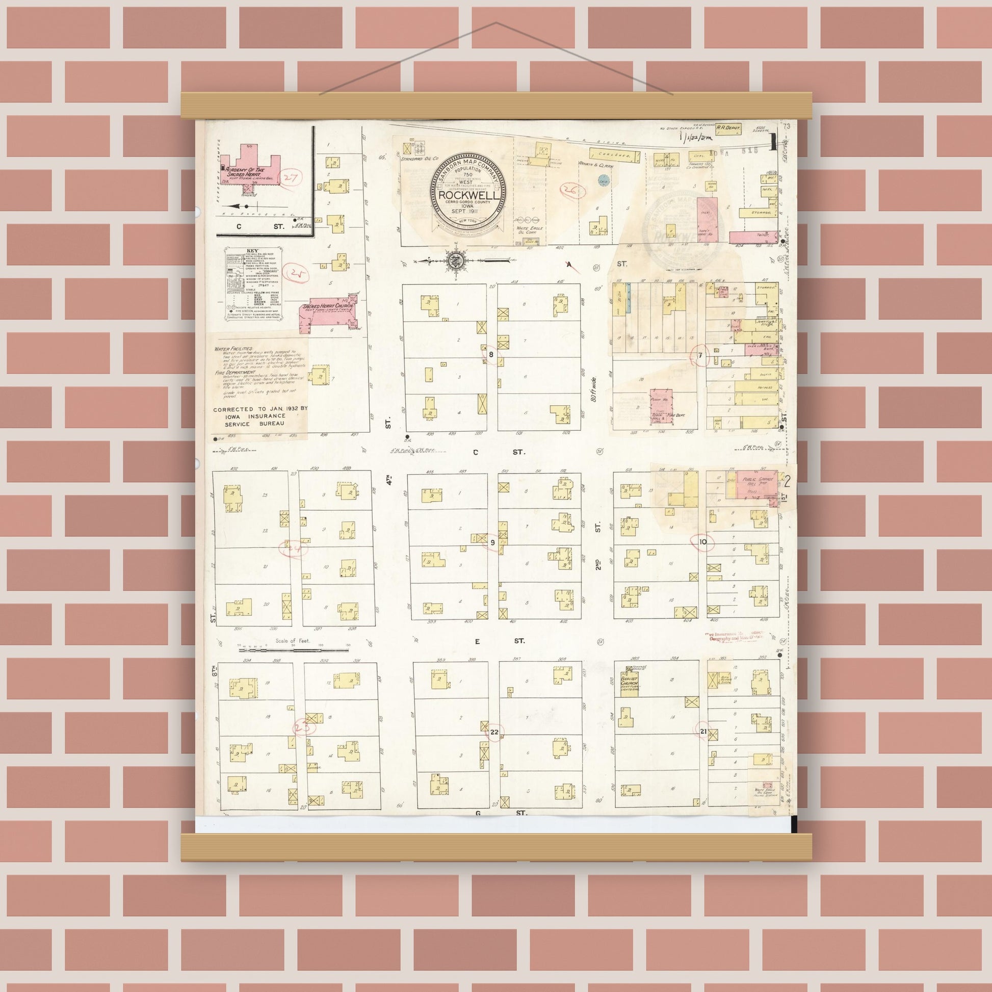 Old map wall art mockup — magnetic wood frame on brick wall — Sanborn Fire Insurance Map from Rockwell, Cerro Gordo County, Iowa (1932), Sheet #0001