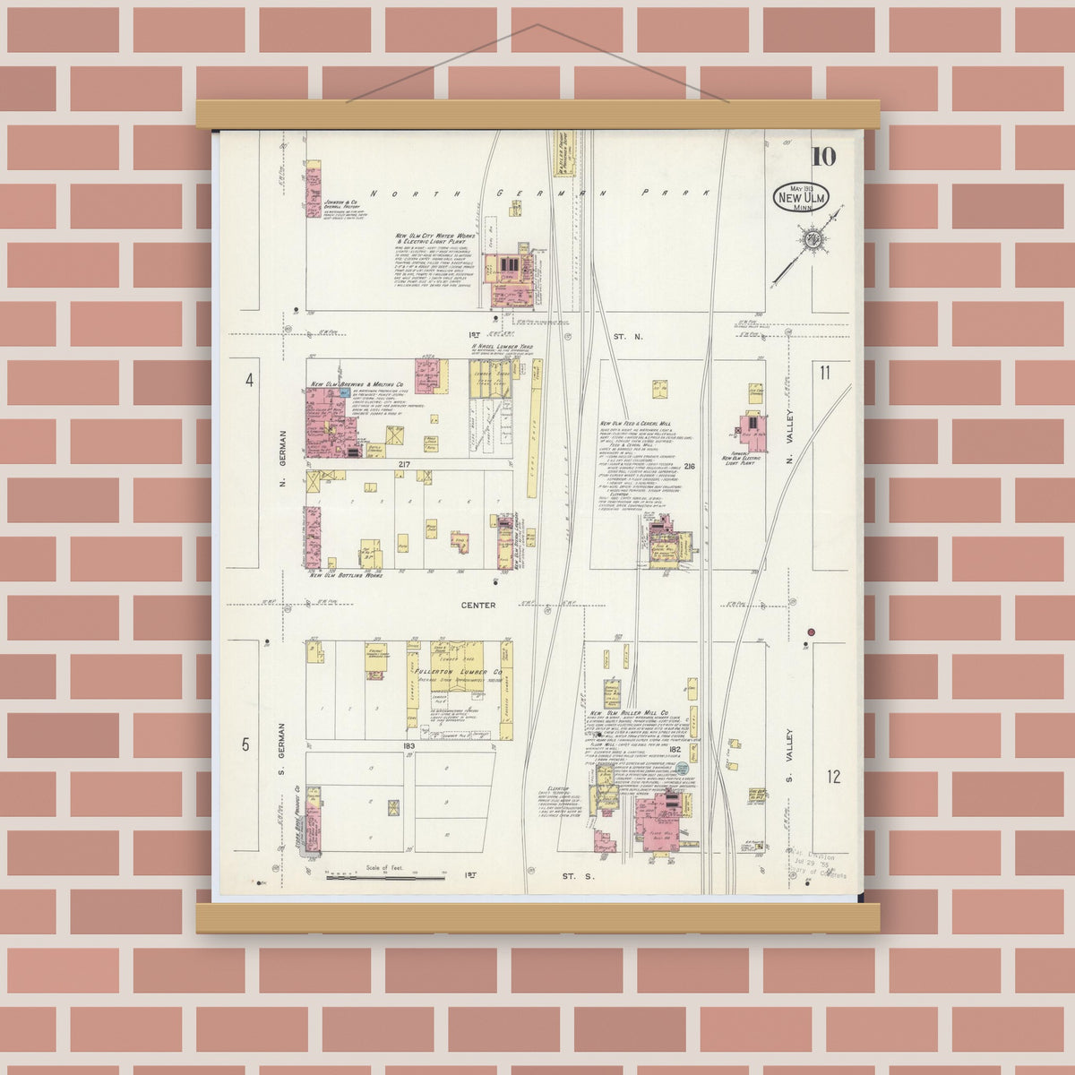 Old map wall art mockup — magnetic wood frame on brick wall — Sanborn Fire Insurance Map from New Ulm, Brown County, Minnesota (1913), Sheet #0010