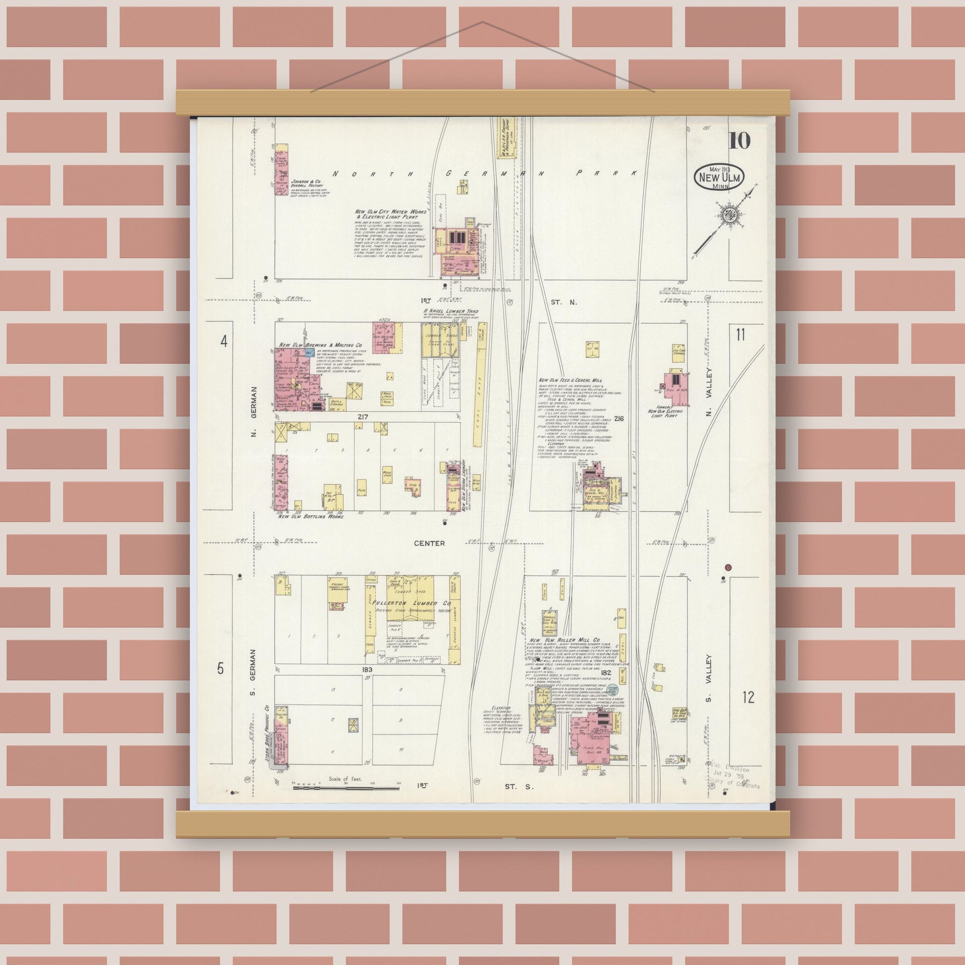 Old map wall art mockup — magnetic wood frame on brick wall — Sanborn Fire Insurance Map from New Ulm, Brown County, Minnesota (1913), Sheet #0010