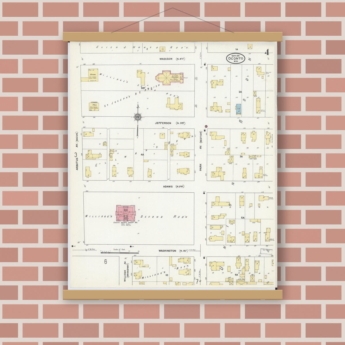 Old map wall art mockup — magnetic wood frame on brick wall — Sanborn Fire Insurance Map from Oconto, Oconto County, Wisconsin (1911), Sheet #0004