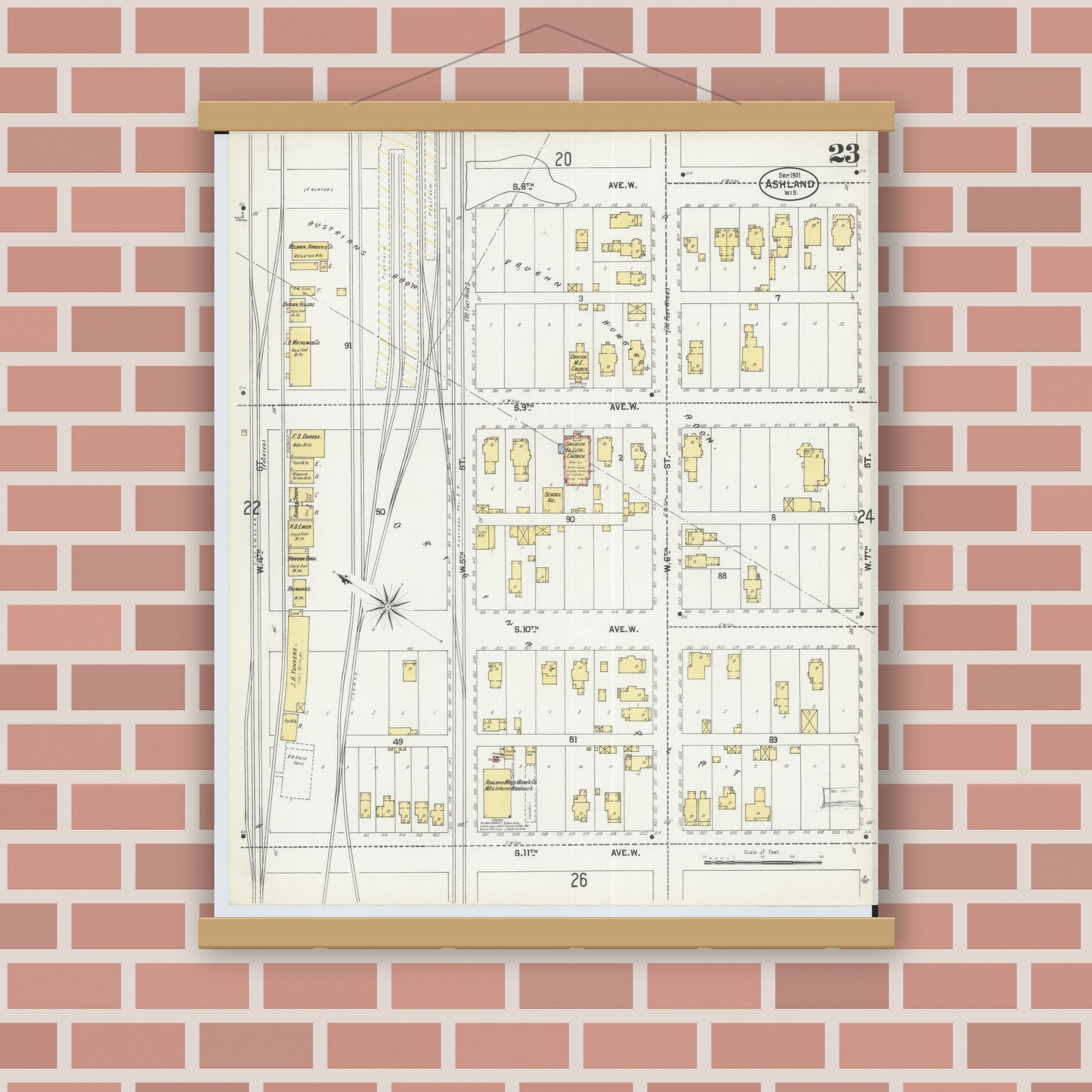 Old map wall art mockup — magnetic wood frame on brick wall — Sanborn Fire Insurance Map from Ashland, Ashland County, Wisconsin (1901), Sheet #0023
