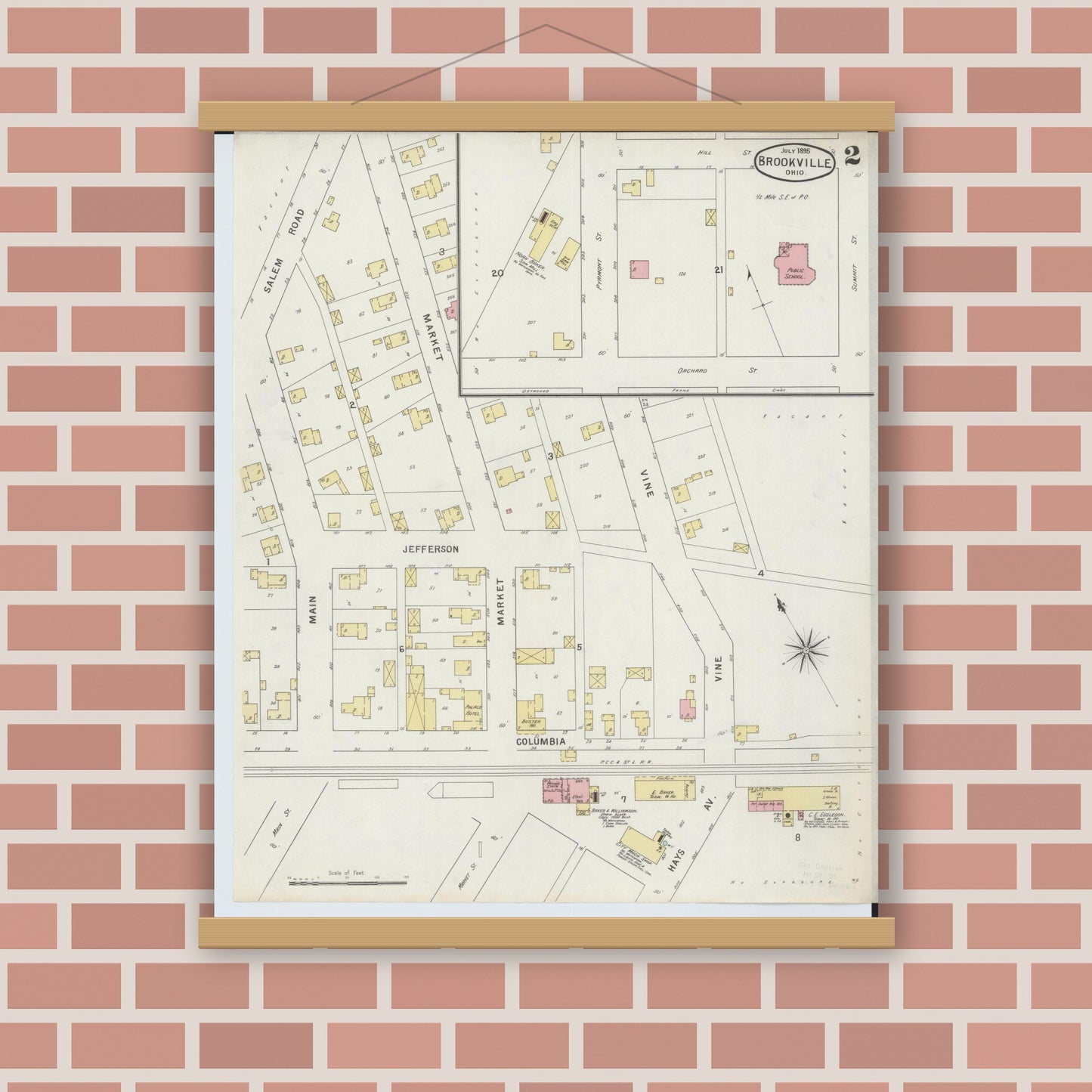 Old map wall art mockup — magnetic wood frame on brick wall — Sanborn Fire Insurance Map from Brookville, Montgomery County, Ohio (1895), Sheet #0002