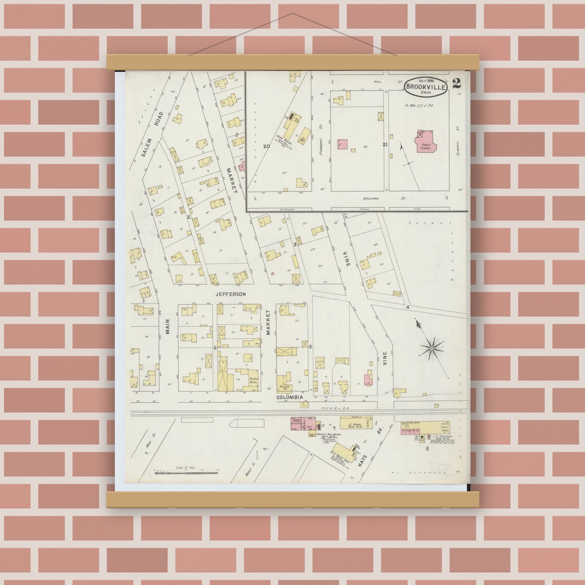 Old map wall art mockup — magnetic wood frame on brick wall — Sanborn Fire Insurance Map from Brookville, Montgomery County, Ohio (1895), Sheet #0002