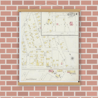 Old map wall art mockup — magnetic wood frame on brick wall — Sanborn Fire Insurance Map from Brookville, Montgomery County, Ohio (1895), Sheet #0002