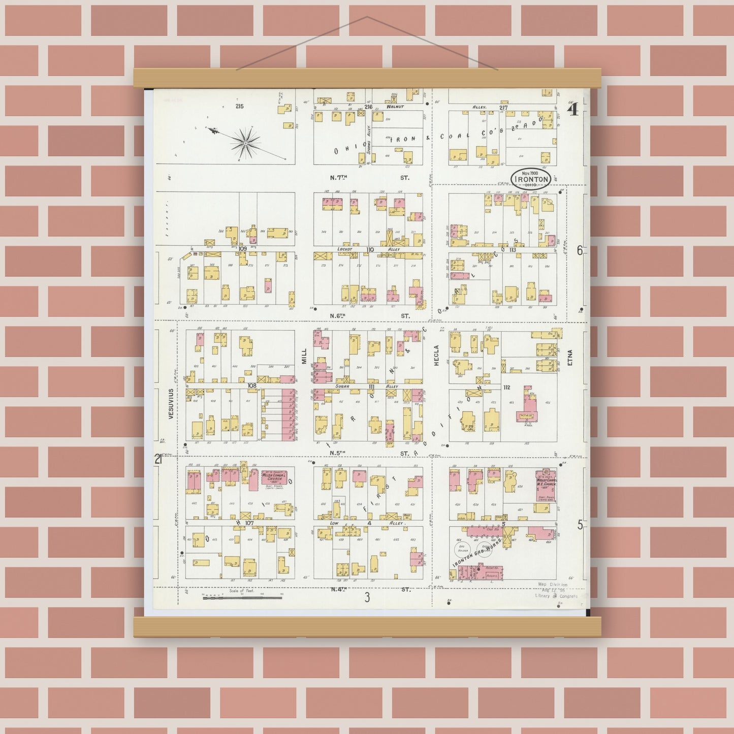 Old map wall art mockup — magnetic wood frame on brick wall — Sanborn Fire Insurance Map from Ironton, Lawrence County, Ohio (1900), Sheet #0004