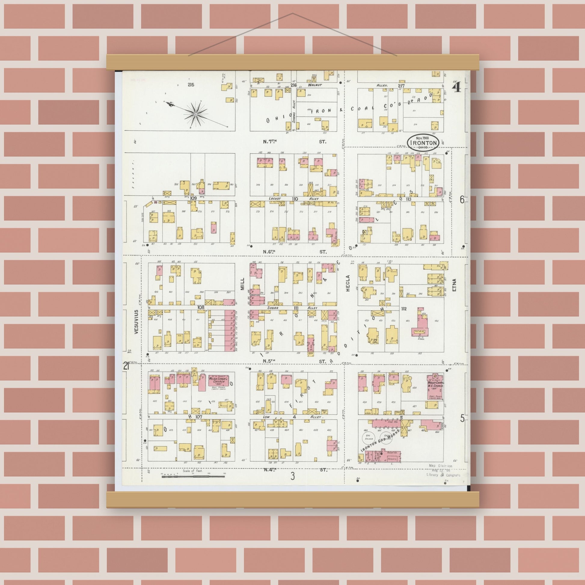 Old map wall art mockup — magnetic wood frame on brick wall — Sanborn Fire Insurance Map from Ironton, Lawrence County, Ohio (1900), Sheet #0004