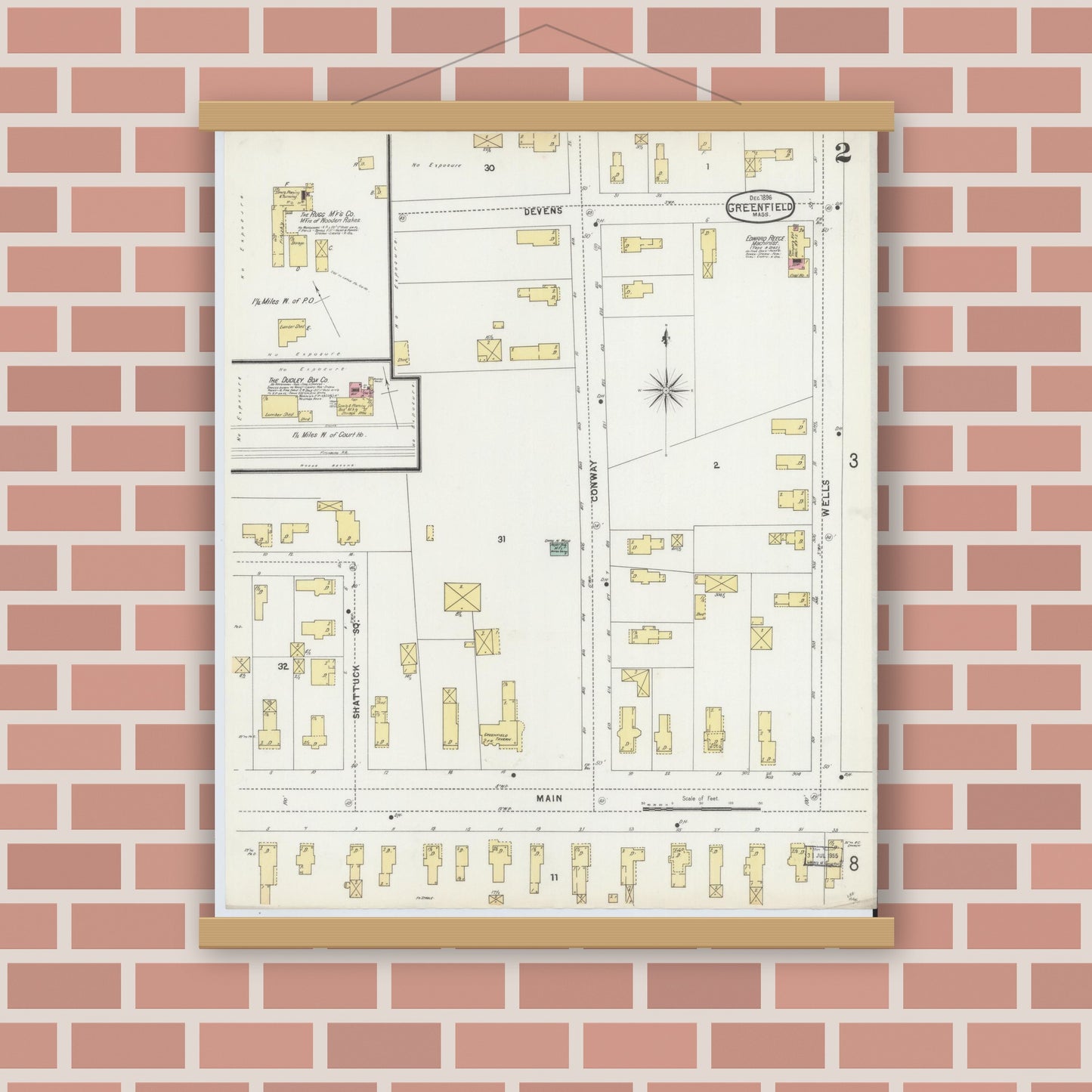 Old map wall art mockup — magnetic wood frame on brick wall — Sanborn Fire Insurance Map from Greenfield, Franklin County, Massachusetts (1896), Sheet #0002