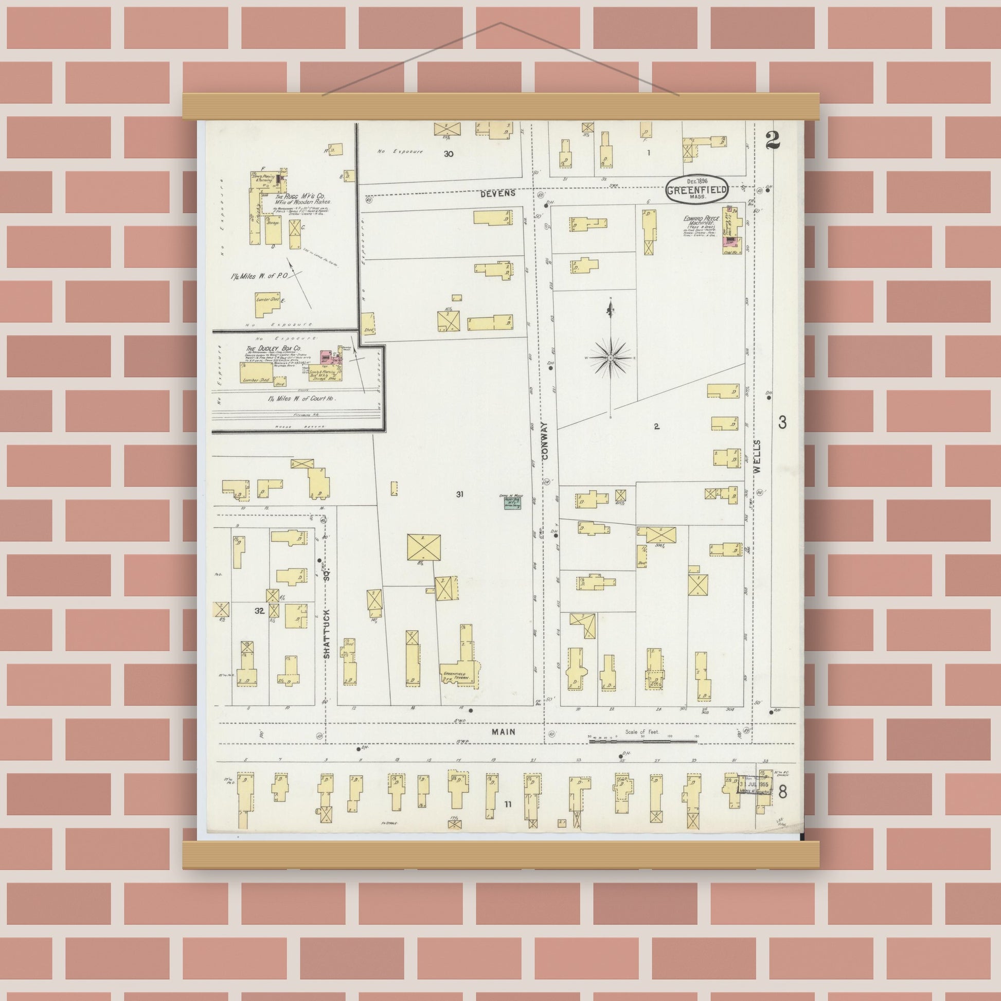 Old map wall art mockup — magnetic wood frame on brick wall — Sanborn Fire Insurance Map from Greenfield, Franklin County, Massachusetts (1896), Sheet #0002
