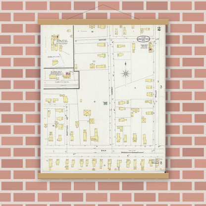 Old map wall art mockup — magnetic wood frame on brick wall — Sanborn Fire Insurance Map from Greenfield, Franklin County, Massachusetts (1896), Sheet #0002