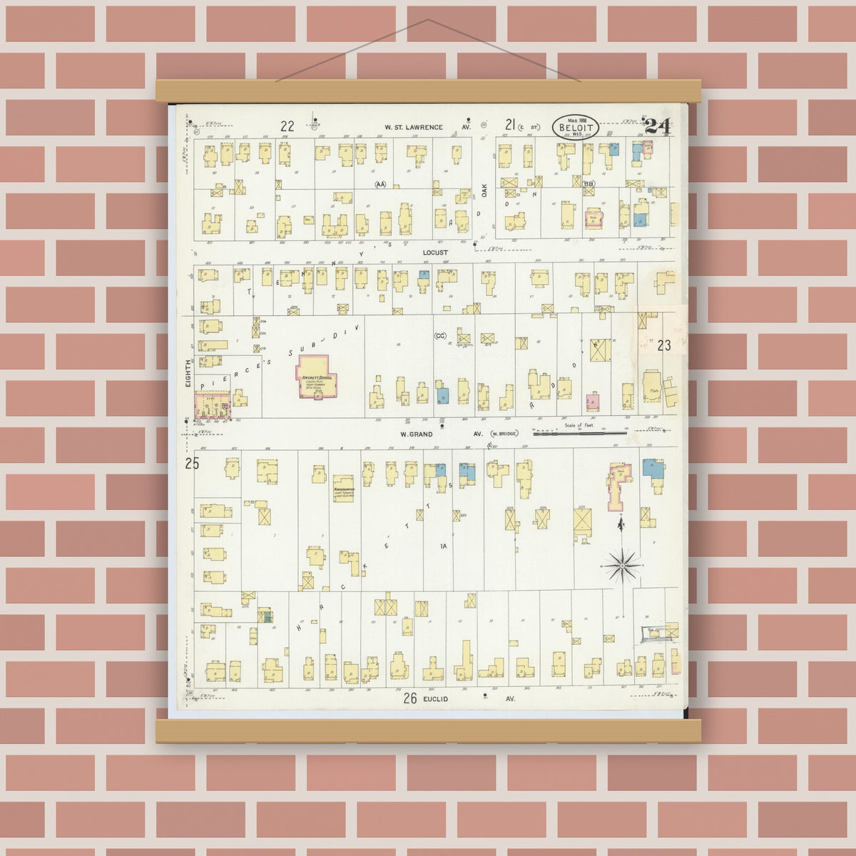 Old map wall art mockup — magnetic wood frame on brick wall — Sanborn Fire Insurance Map from Beloit, Rock County, Wisconsin (1908), Sheet #0024
